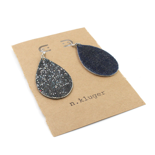 Hand-Painted Glitter Leather & Denim Drop Earrings
