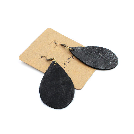 Sexy Black Leather Drop Earrings with Gold Mermaid Back