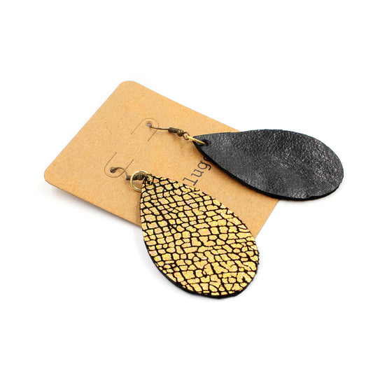 Sexy Black Leather Drop Earrings with Gold Mermaid Back