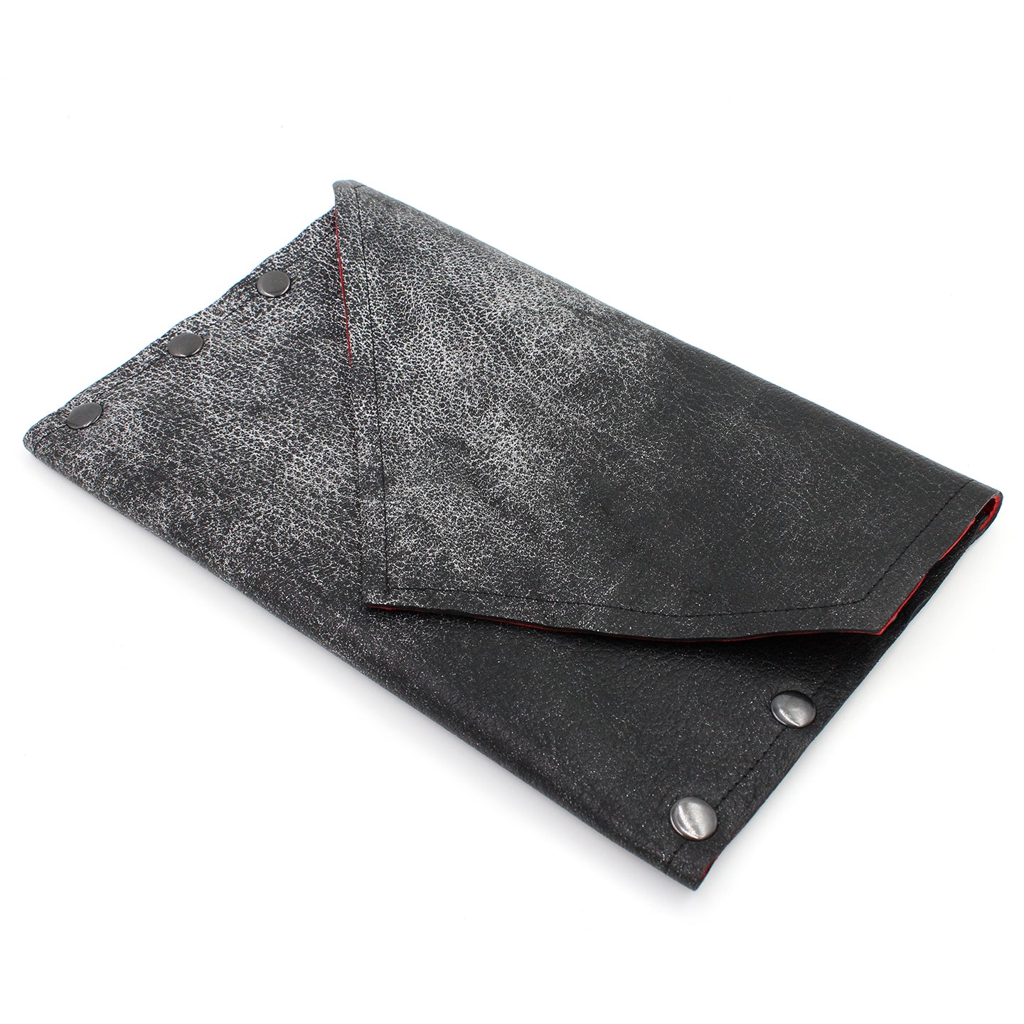 Rock Star Gunmetal Leather Clutch with Red Glitter Metallic Interior