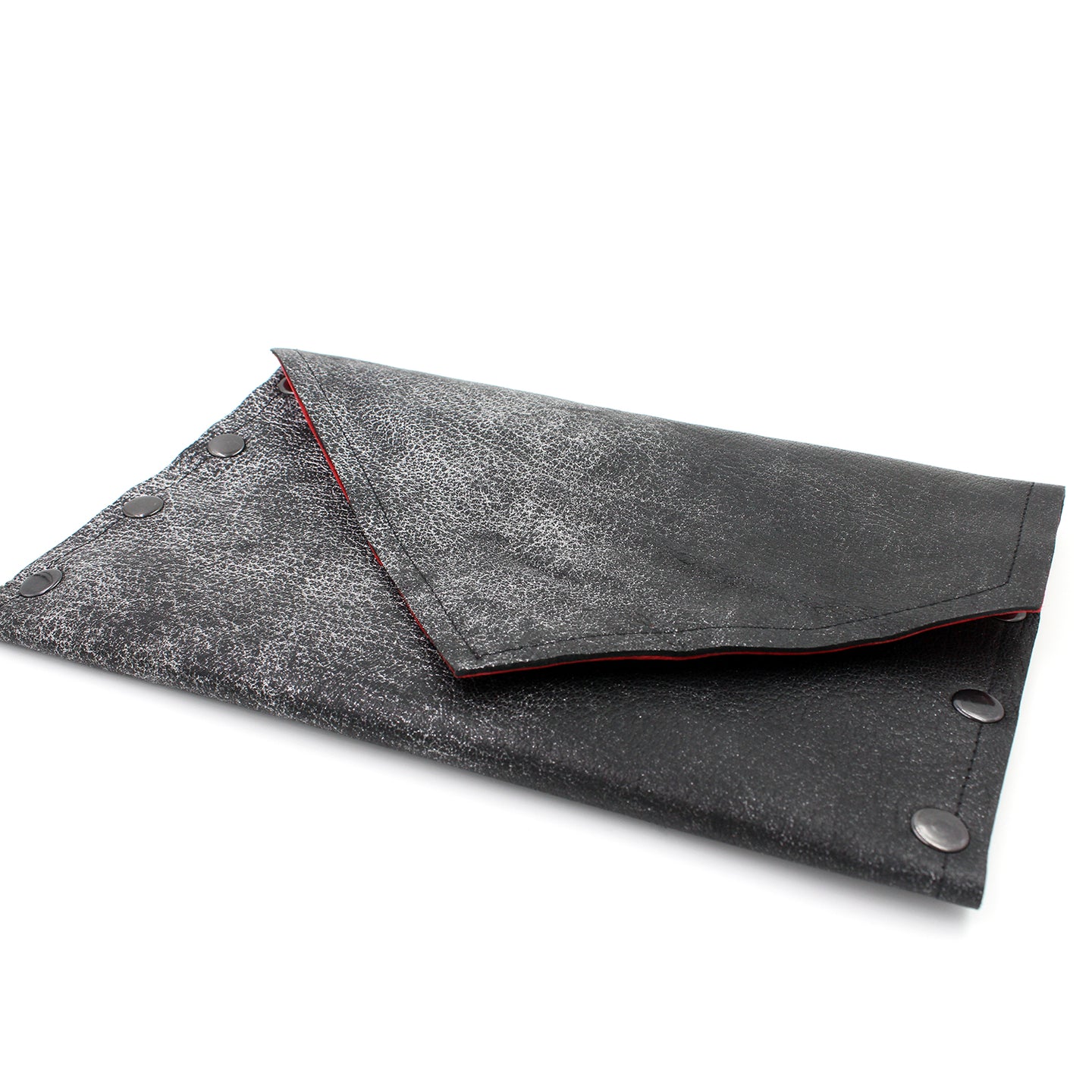 Rock Star Gunmetal Leather Clutch with Red Glitter Metallic Interior