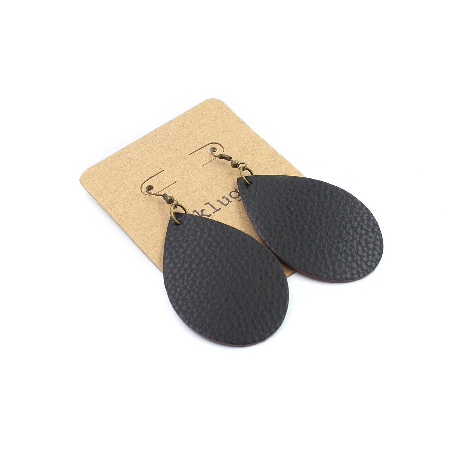 Black Pebbled Leather Drop Earrings with Mauve Backside