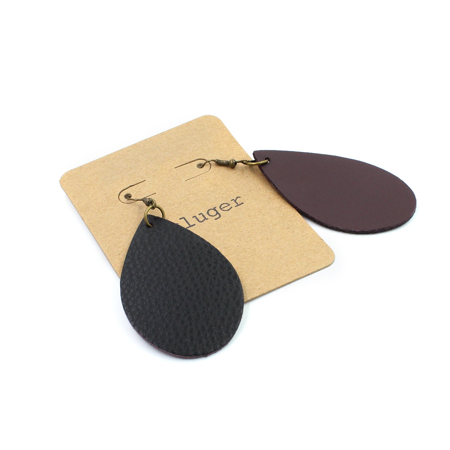 Black Pebbled Leather Drop Earrings with Mauve Backside