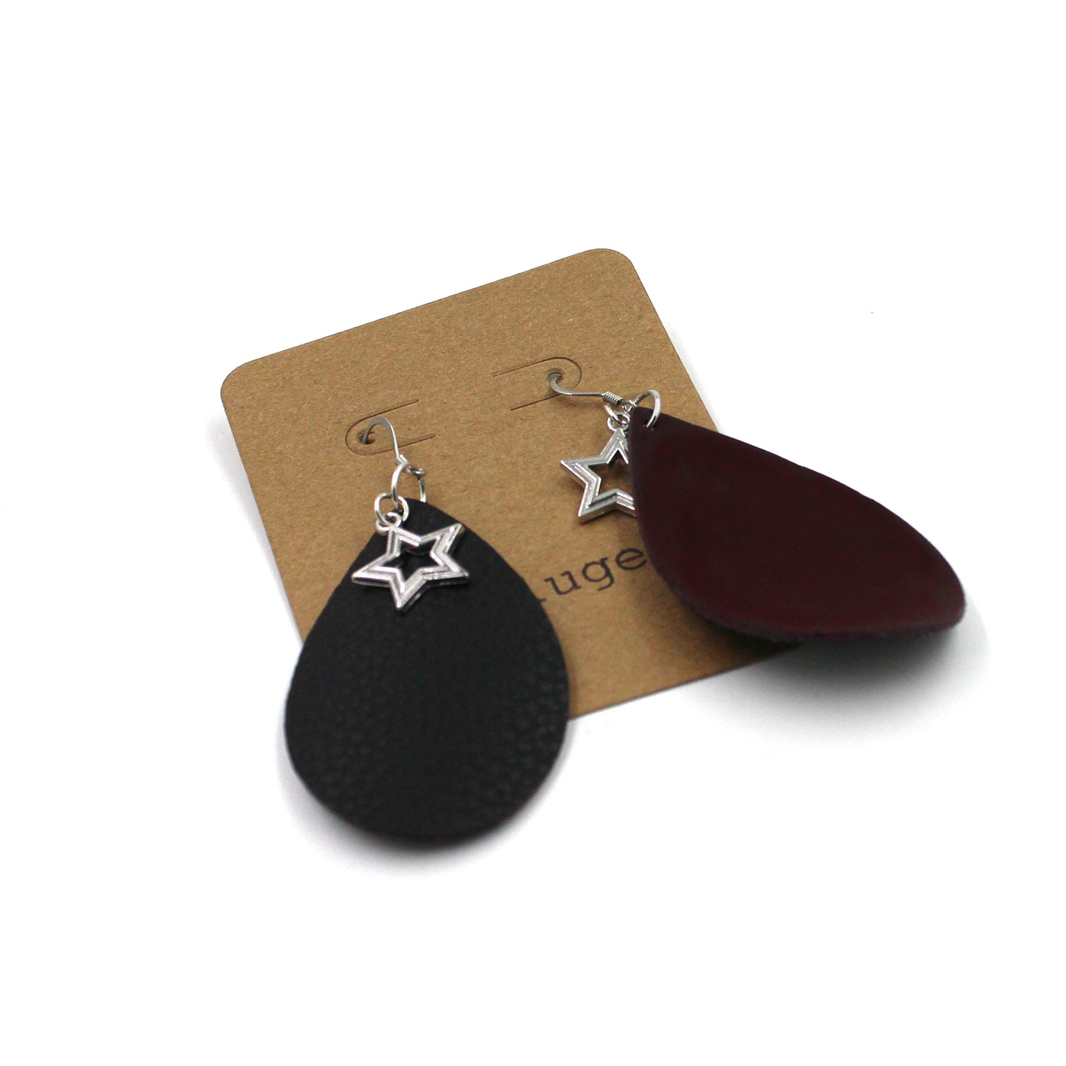 Black Pebbled Leather Drop Star-Studded Earrings