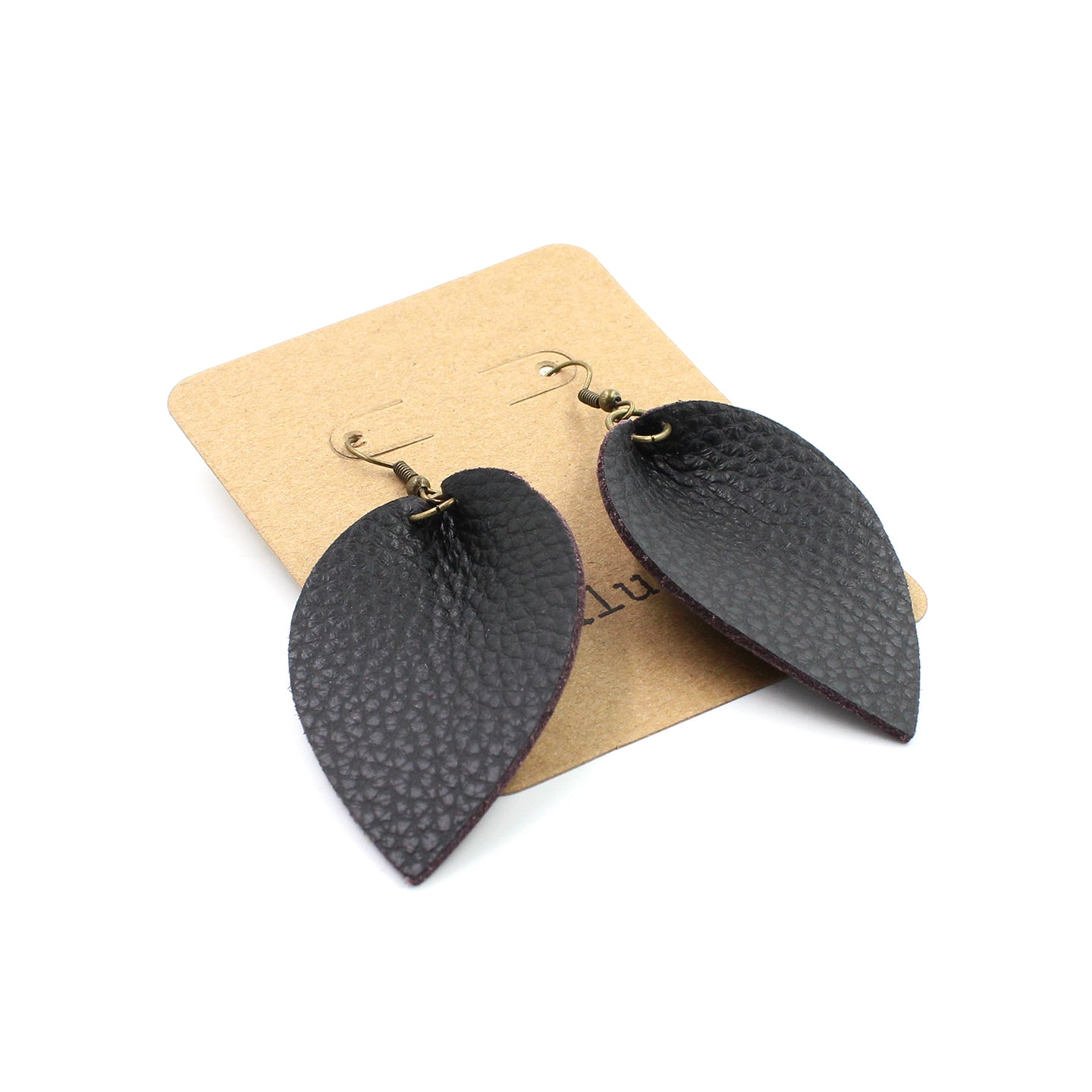 Inspired Black Pebbled Leather Drop Earrings with Mauve Backside - N.Kluger Designs Earrings