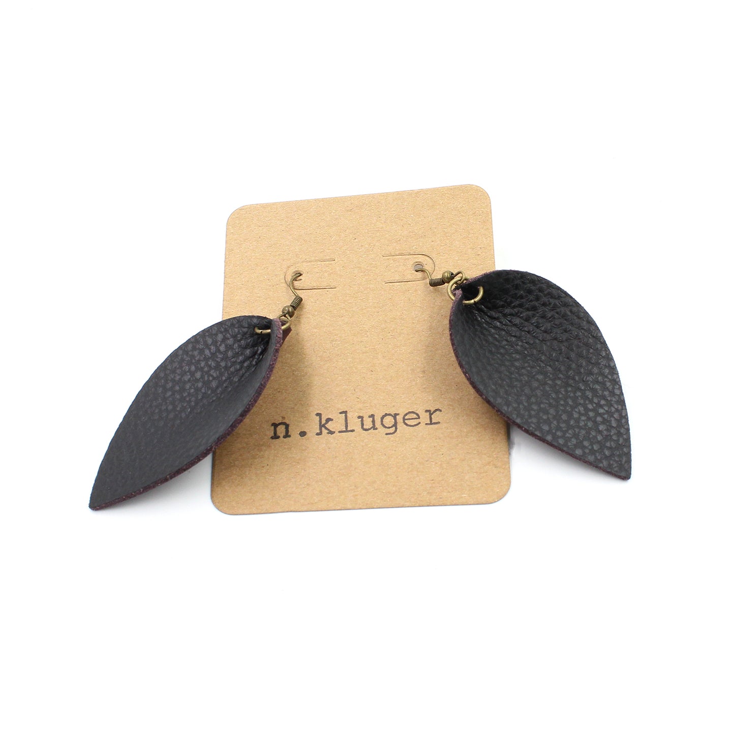 Inspired Black Pebbled Leather Drop Earrings with Mauve Backside - N.Kluger Designs Earrings