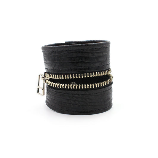 Shiny Black Leather "Zither" Zip Bracelet