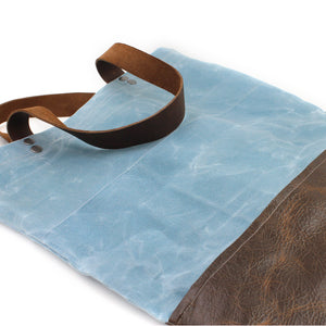 Large Blue Waxed Canvas and Brown Leather Tote Bag - N.Kluger Designs totebag