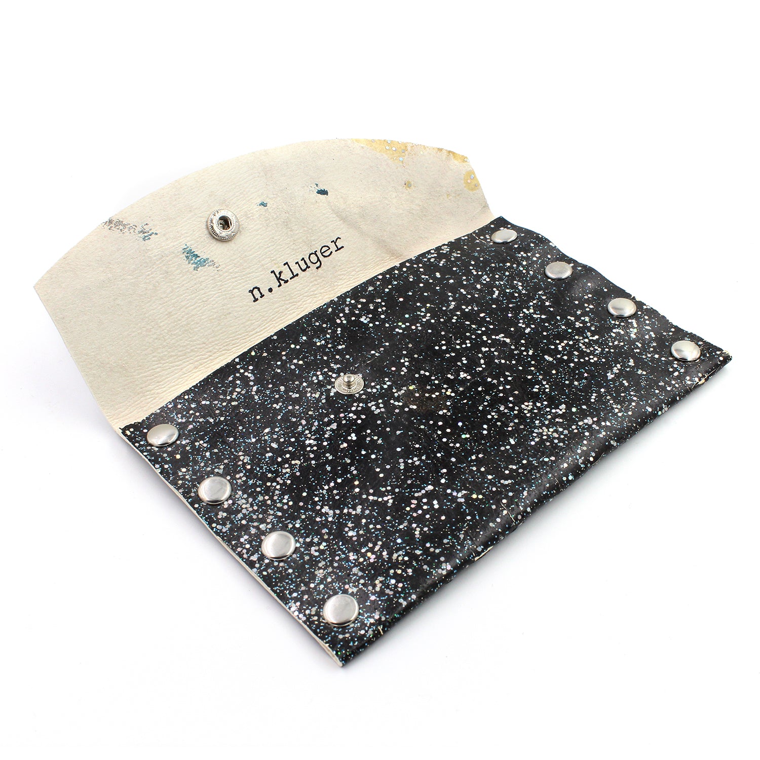 Hand Decorated Black Glitter Leather Card Case / Mini Wallet
