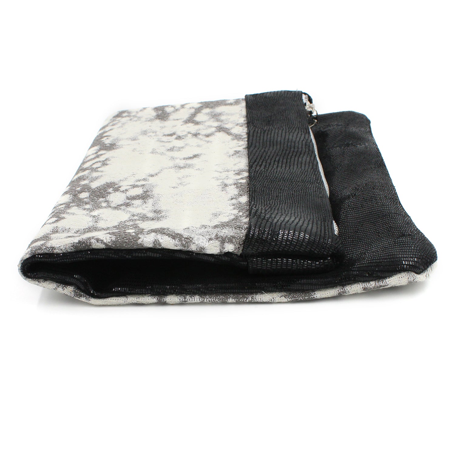 Black & White Metallic Mixed Leather & Fabric Clutch