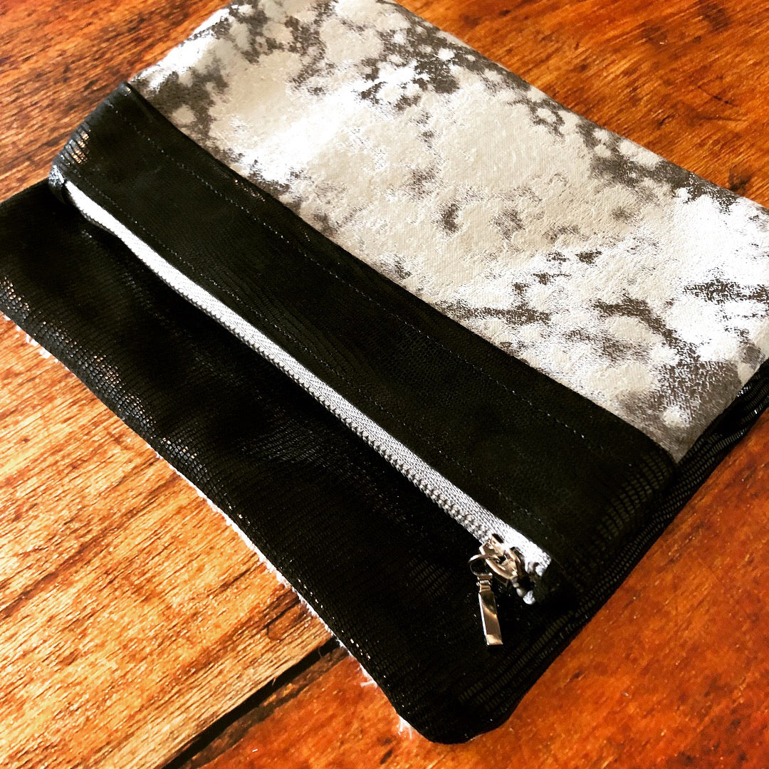 Black & White Metallic Mixed Leather & Fabric Clutch - N.Kluger Designs clutch