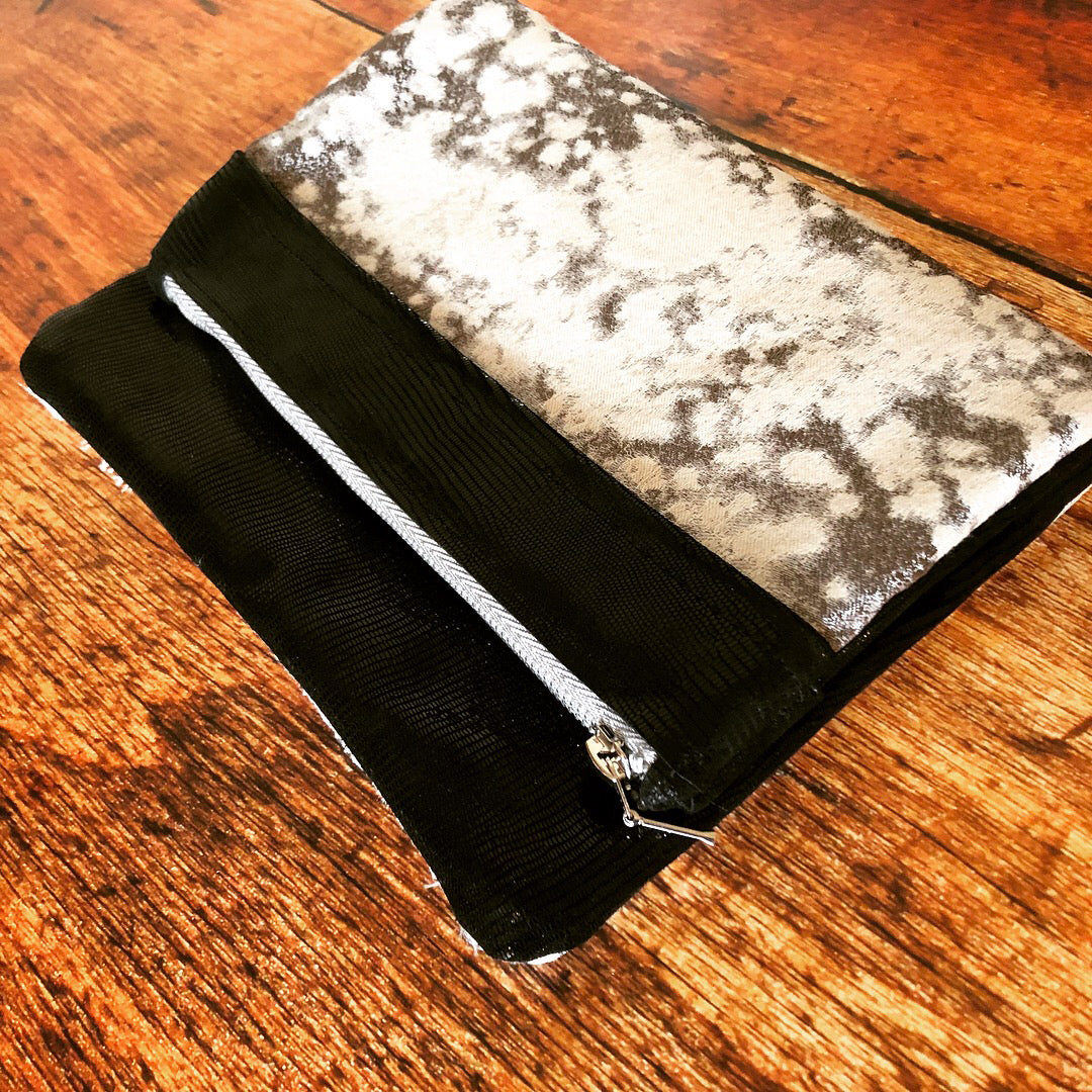 Black & White Metallic Mixed Leather & Fabric Clutch - N.Kluger Designs clutch