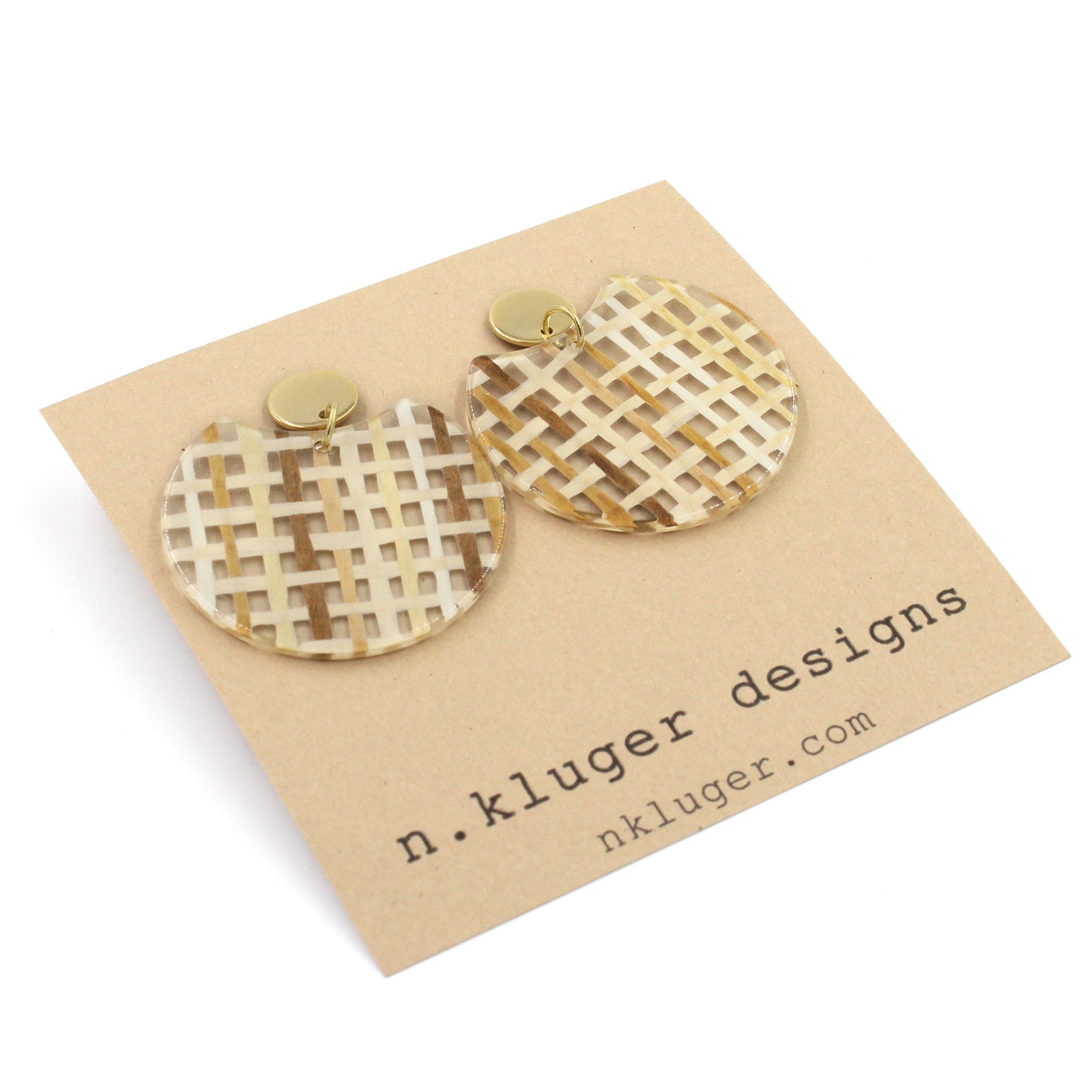 Brown Basketweave Circle Cutout Acrylic Drop Earrings
