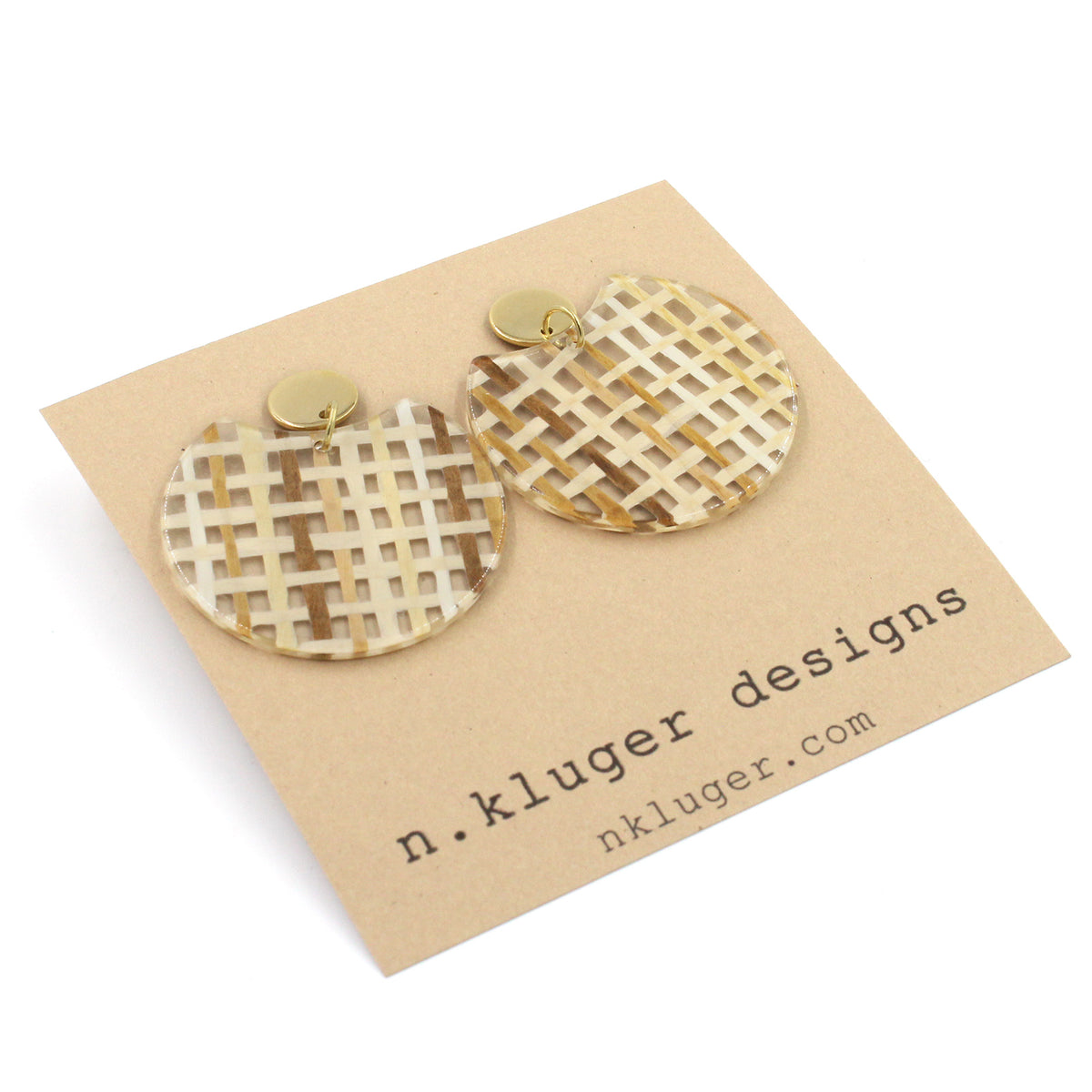 Brown Basketweave Circle Cutout Acrylic Drop Earrings