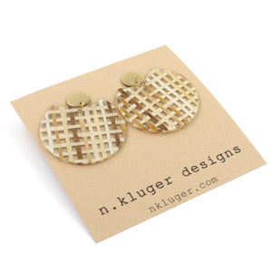 Brown Basketweave Circle Cutout Acrylic Drop Earrings