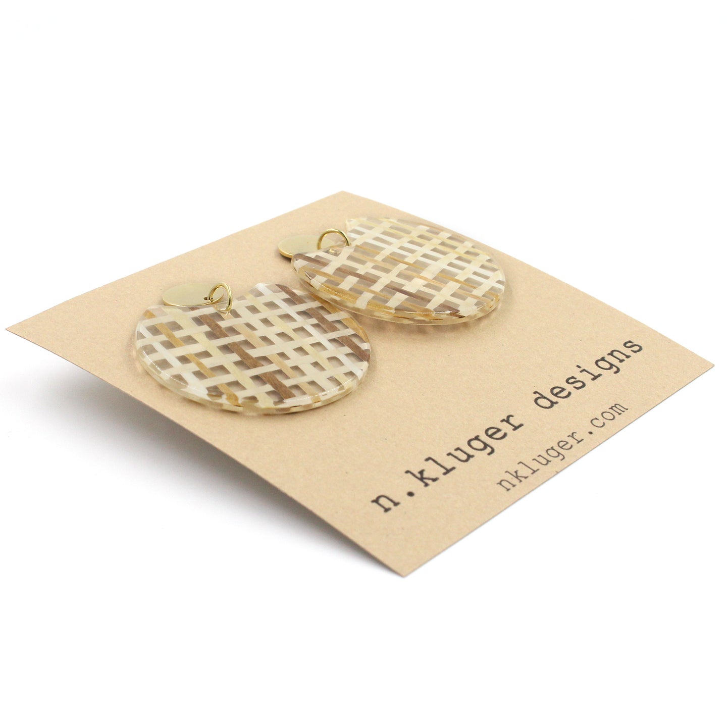 Brown Basketweave Circle Cutout Acrylic Drop Earrings