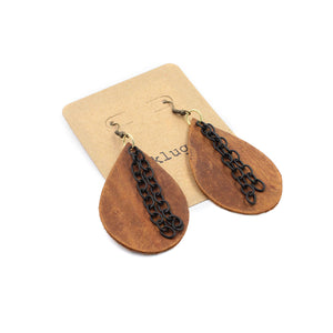 Rustic Brown Leather Drop Earrings with Black Chain