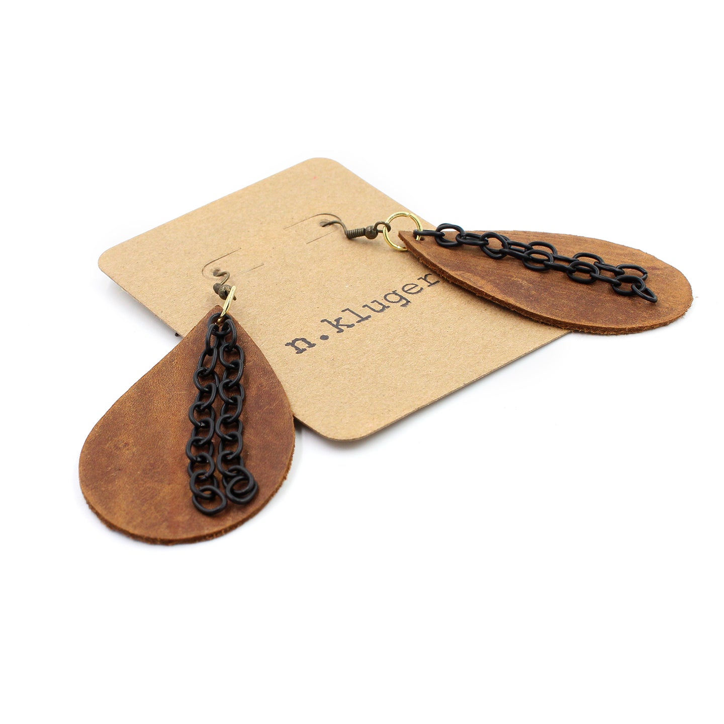 Rustic Brown Leather Drop Earrings with Black Chain