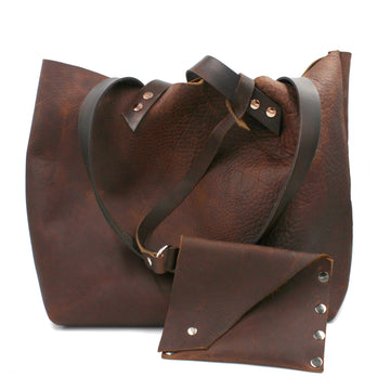 Rustic Dark Brown Handmade Leather Tote bag w/Detachable Wristlet