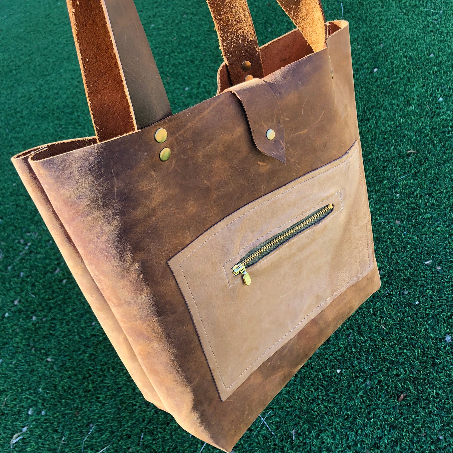 Brown Leather Tote Bag Shopper with Lambskin Pocket