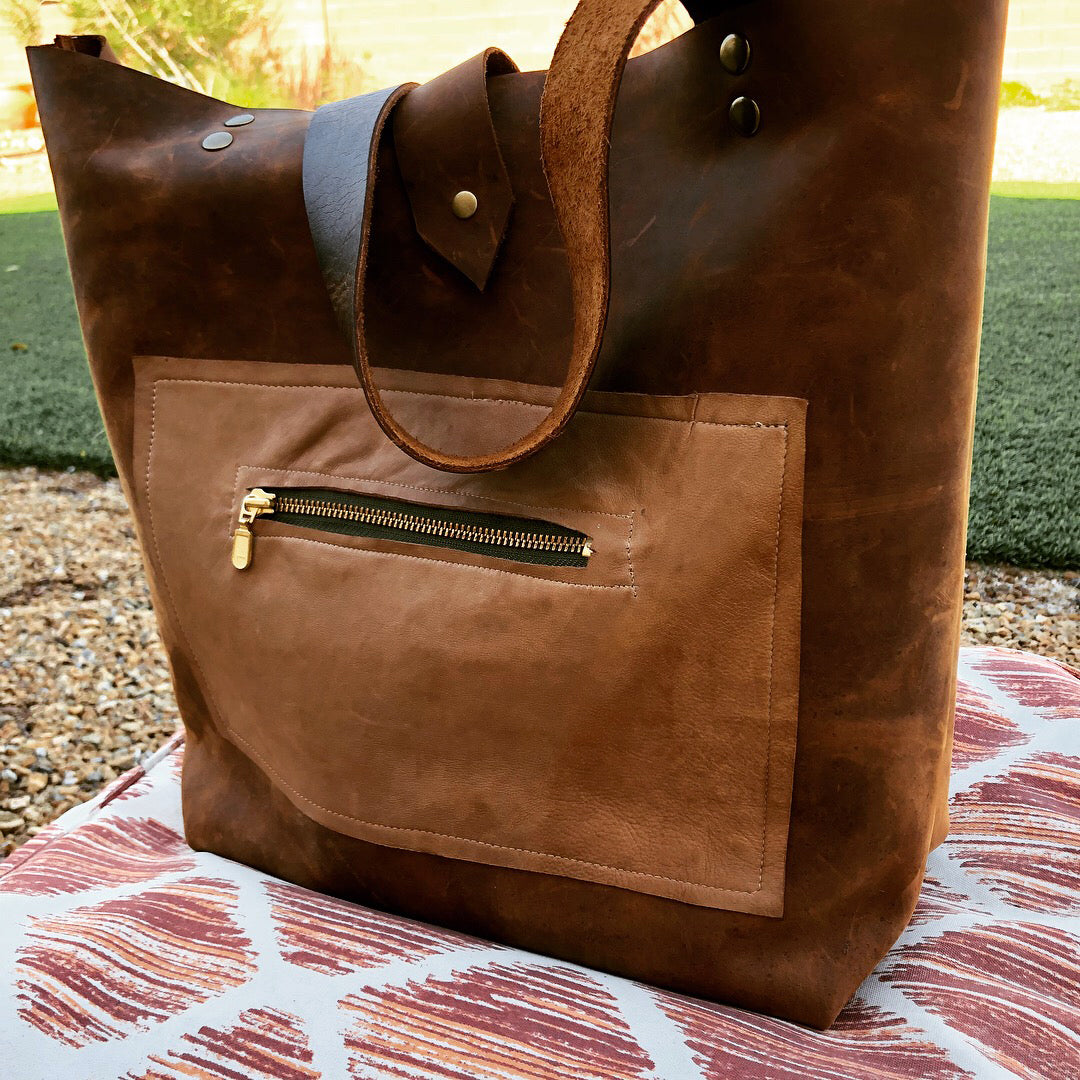 Brown Leather Tote Bag Shopper with Lambskin Pocket
