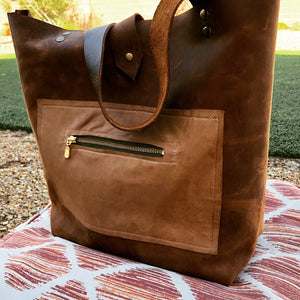 Brown Leather Tote Bag Shopper with Lambskin Pocket - N.Kluger Designs totebag