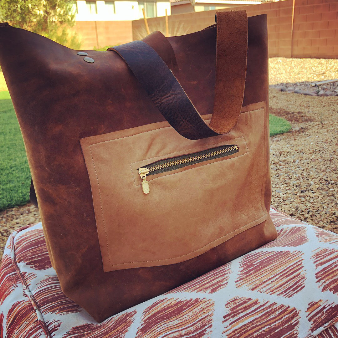 Brown Leather Tote Bag Shopper with Lambskin Pocket - N.Kluger Designs totebag