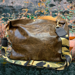 Brown Leather & Shimmery Camo Strap Tote Bag