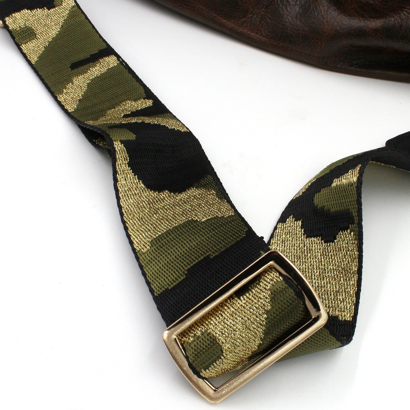 Brown Leather & Shimmery Camo Strap Tote Bag