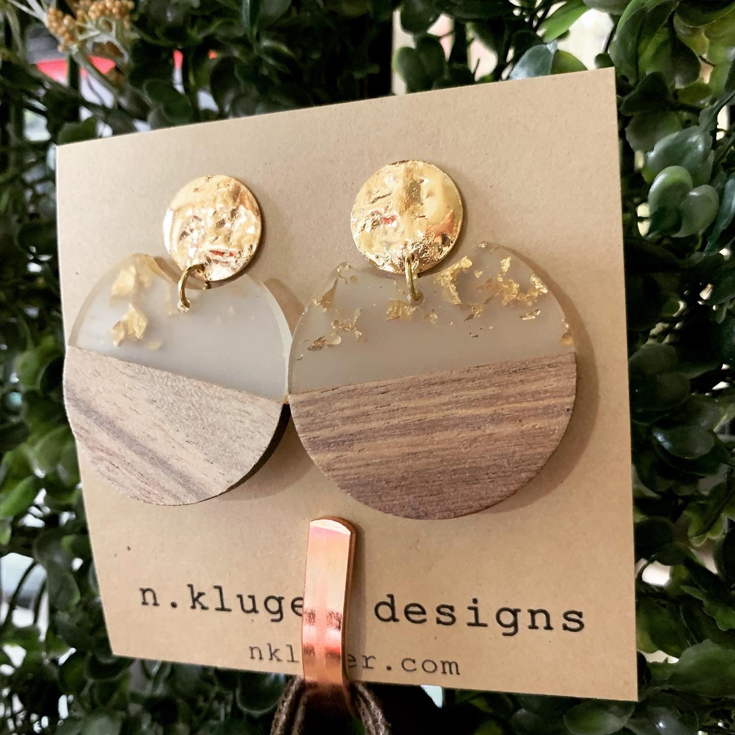Gold Leaf & Wood Circle Cutout Acrylic Drop Earrings