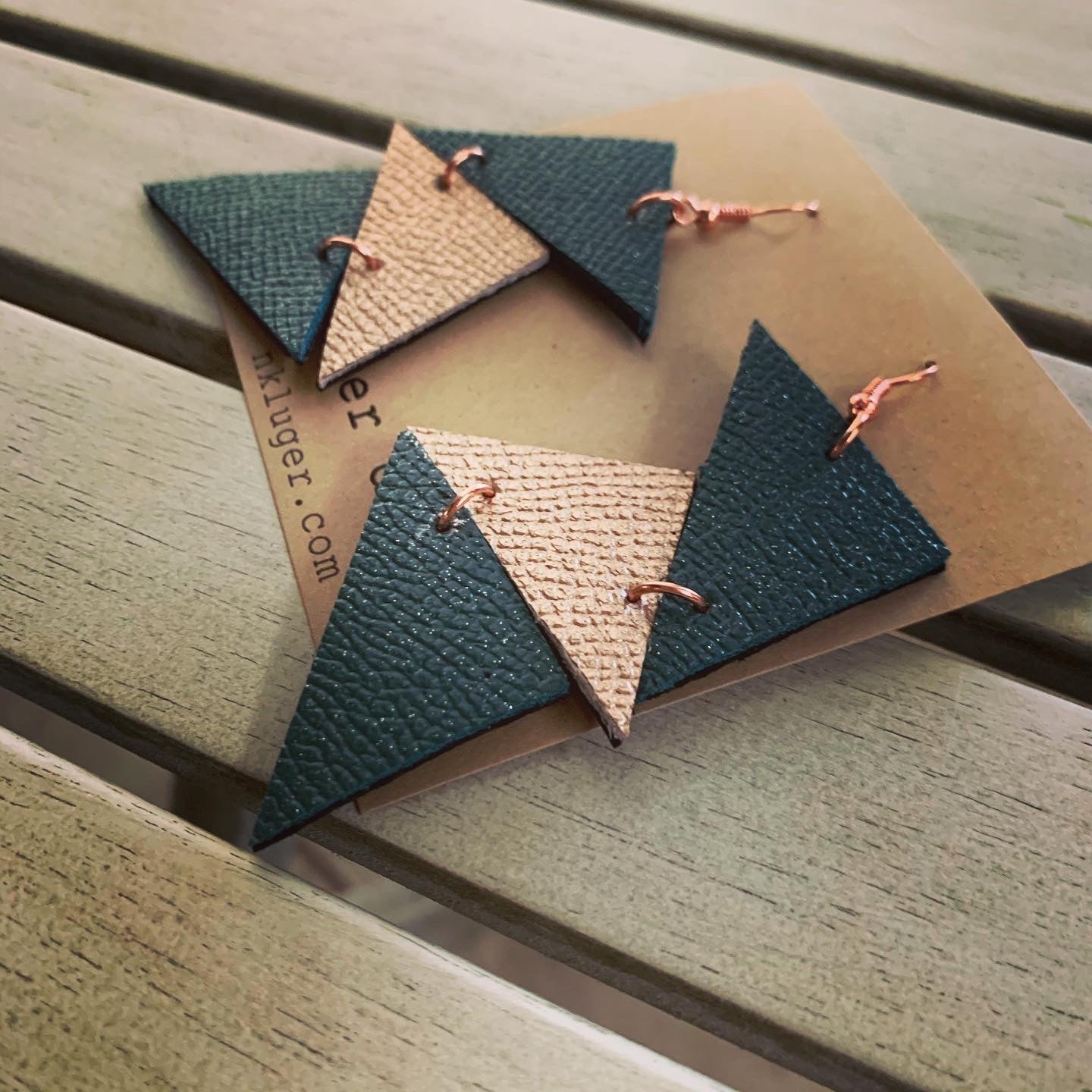 Geometric Glitter Teal & Rose Gold Leather Drop Earrings