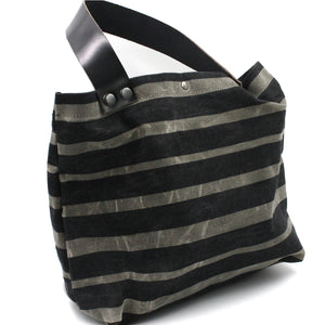 Small Charcoal Striped Waxed Canvas & Leather Tote Bag
