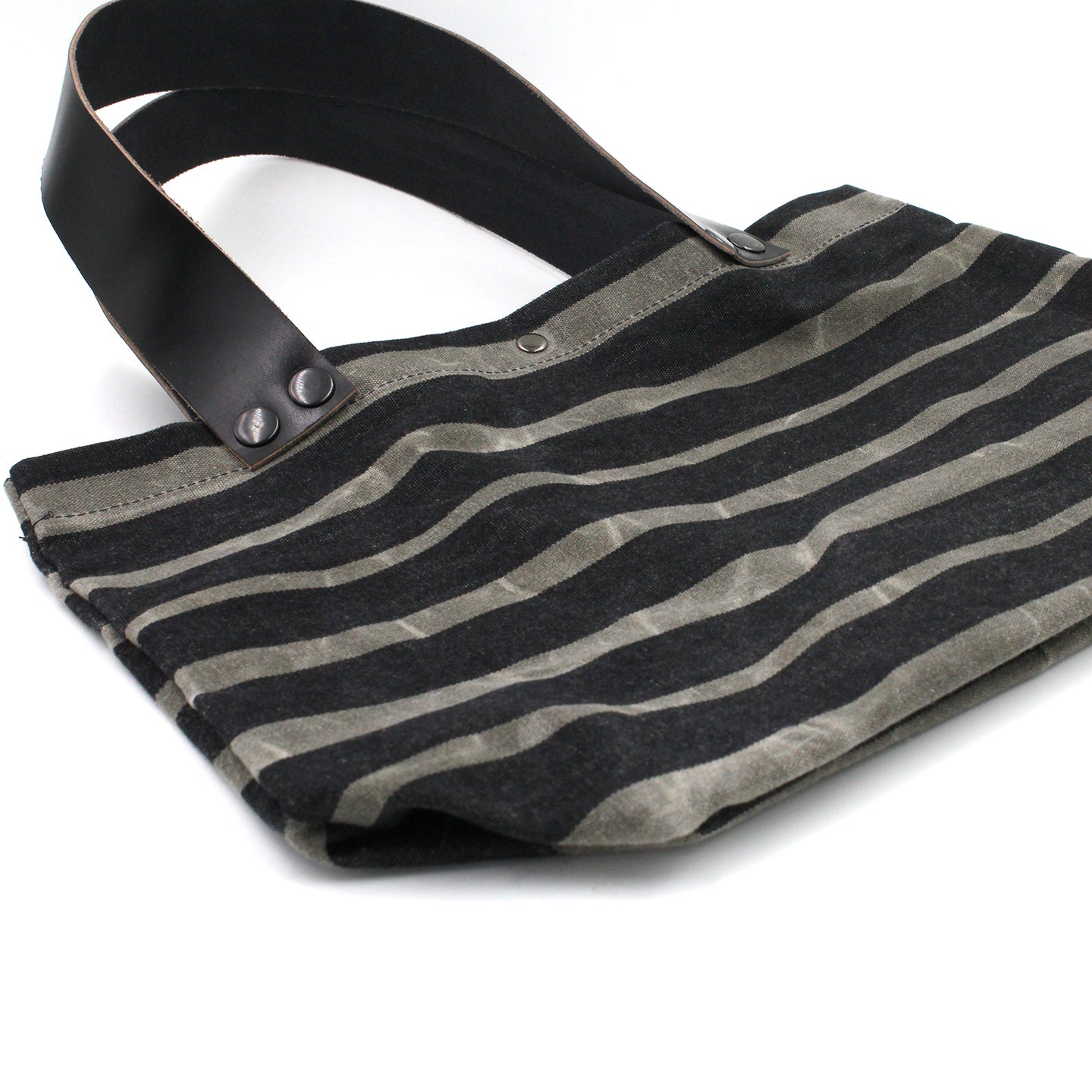 Small Charcoal Striped Waxed Canvas & Leather Tote Bag