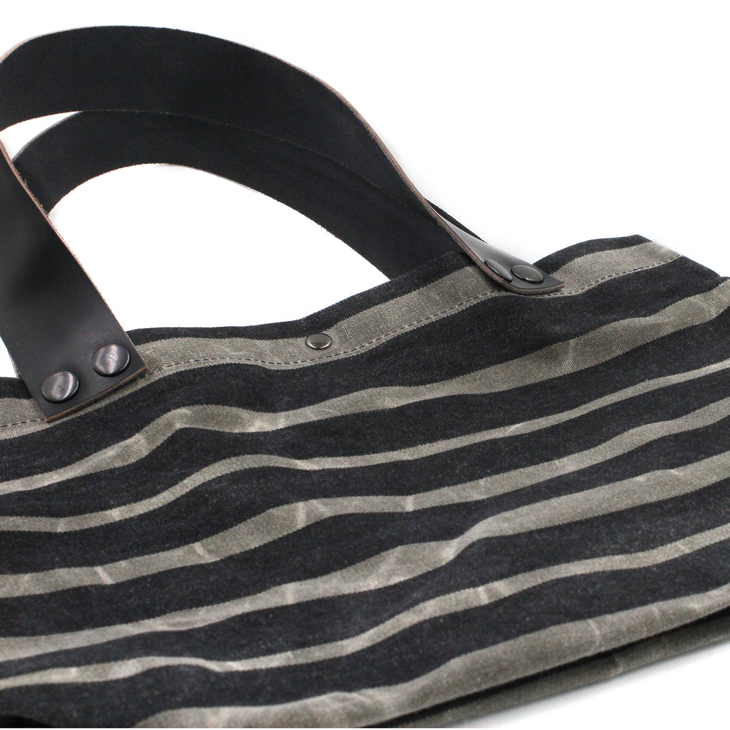 Small Charcoal Striped Waxed Canvas & Leather Tote Bag