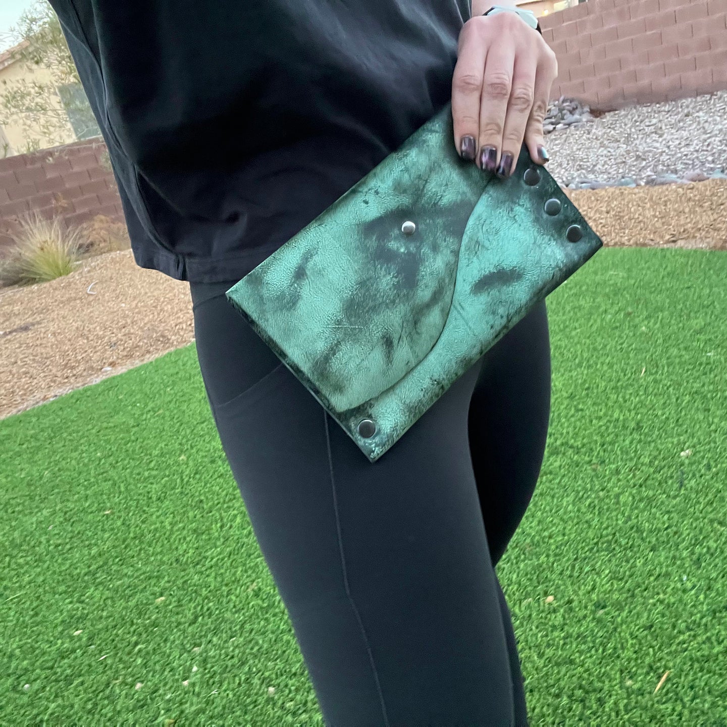 Distressed Vintage Green Leather Snap Clutch