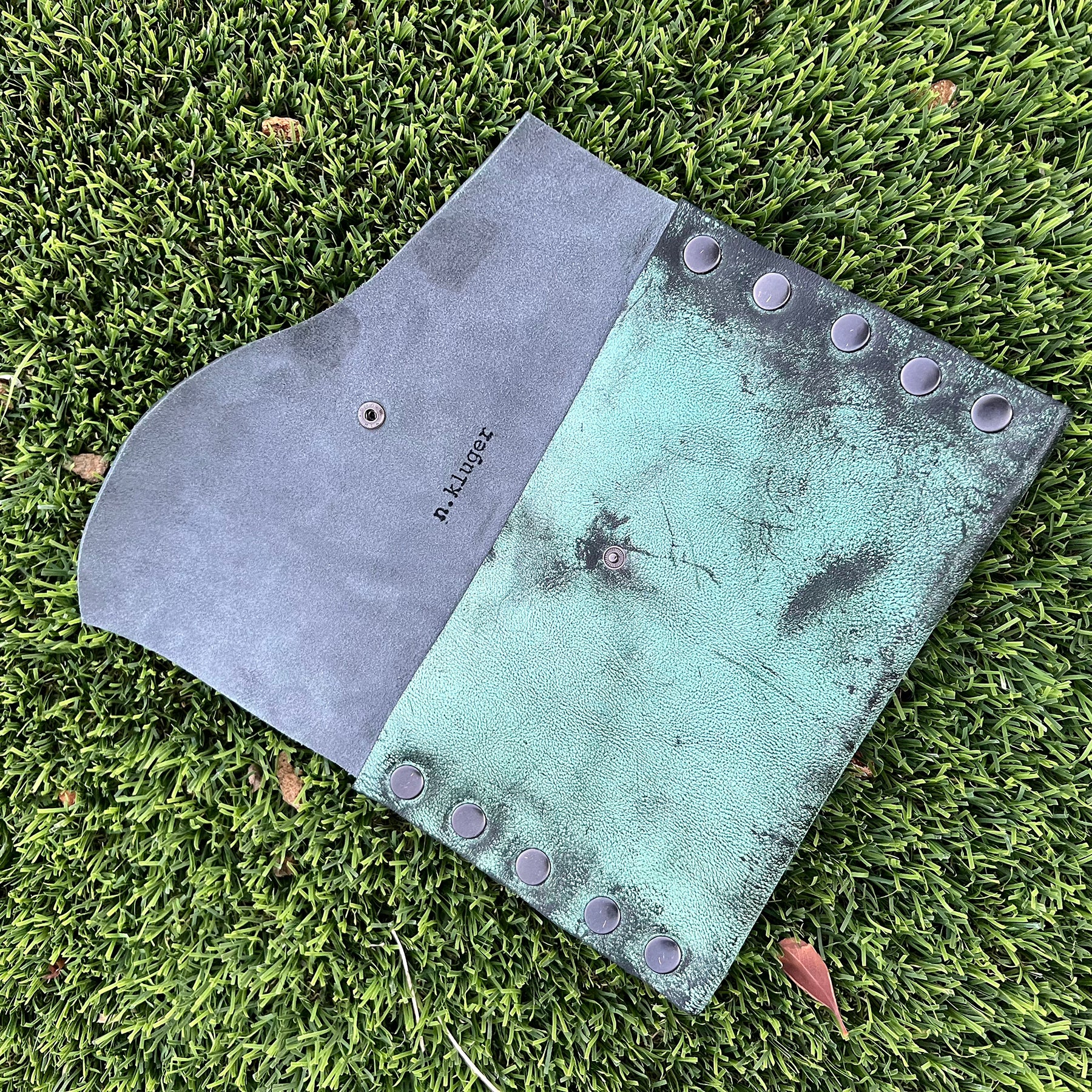 Distressed Vintage Green Leather Snap Clutch