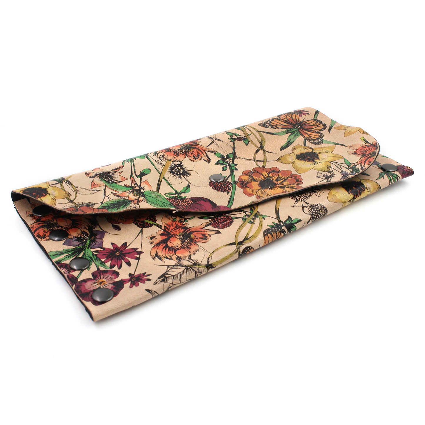 Rustic Floral Leather Lined Clutch with Gunmetal Rivets