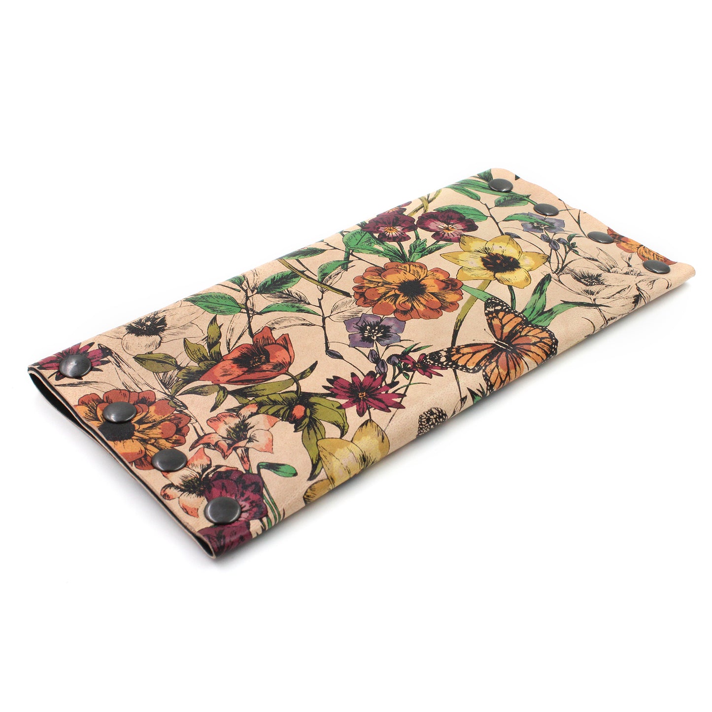 Rustic Floral Leather Lined Clutch with Gunmetal Rivets