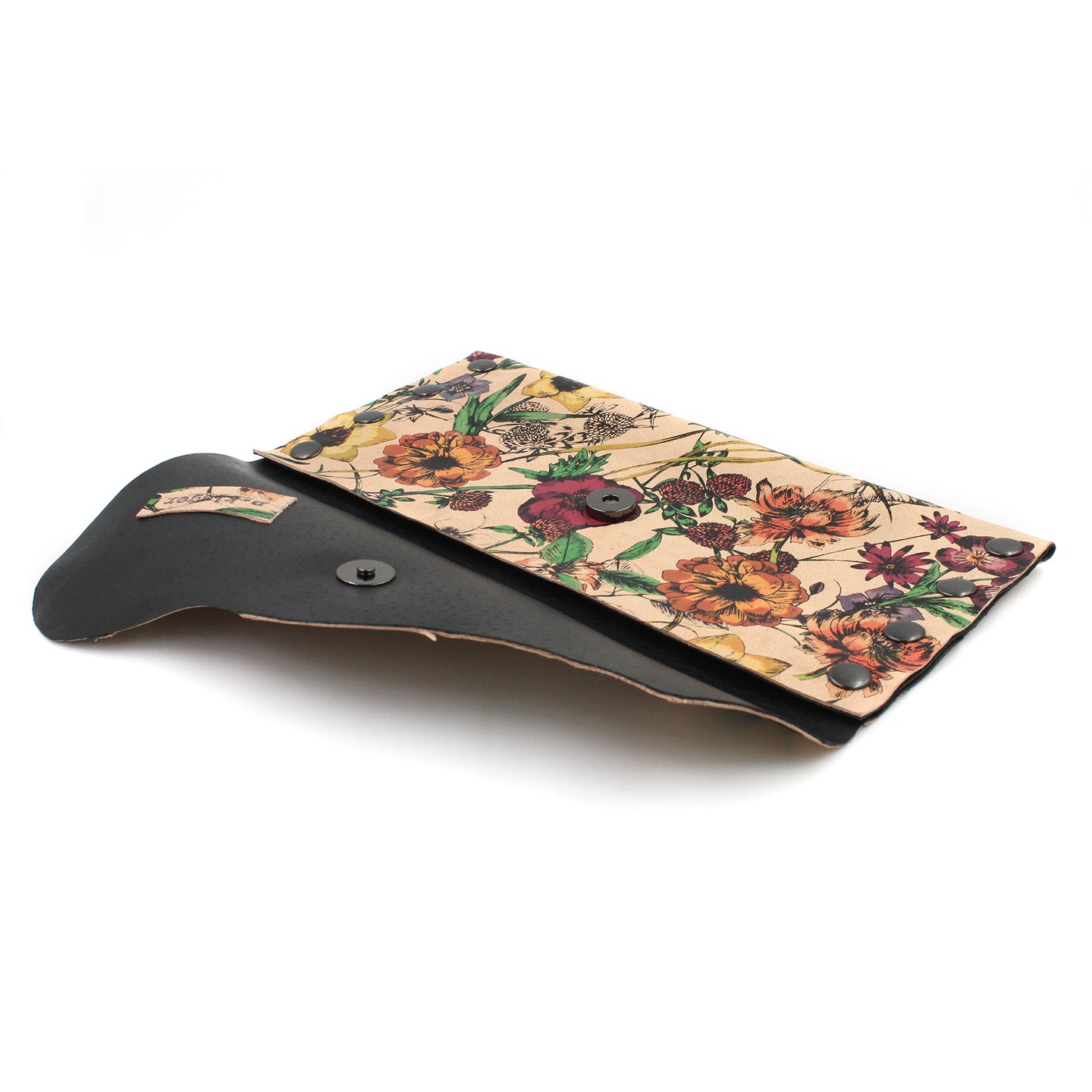 Rustic Floral Leather Lined Clutch with Gunmetal Rivets
