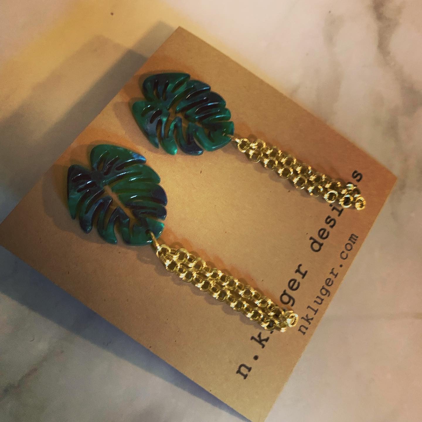 Marbled Green Leaf Acrylic Drop Earrings