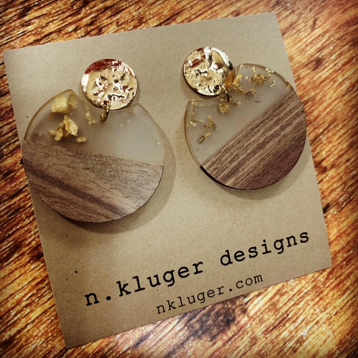 Gold Leaf & Wood Circle Cutout Acrylic Drop Earrings