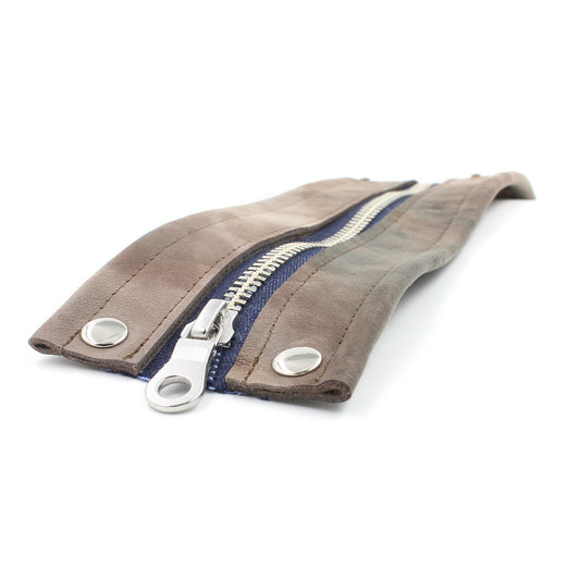 Greyish Pink Leather & Denim Extra Wide "Zither" Zip Bracelet - N.Kluger Designs bracelet