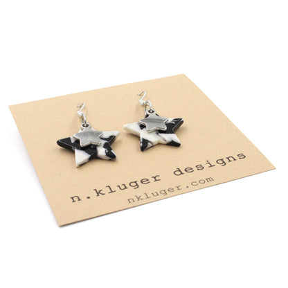 Black & White Double Stars Dangling Earrings