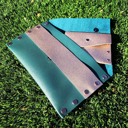Metallic Teal Leather Envelope Clutch with Rose Gold Strap