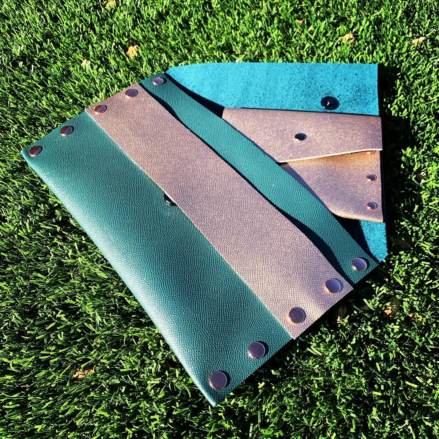 Metallic Teal Leather Envelope Clutch with Rose Gold Strap