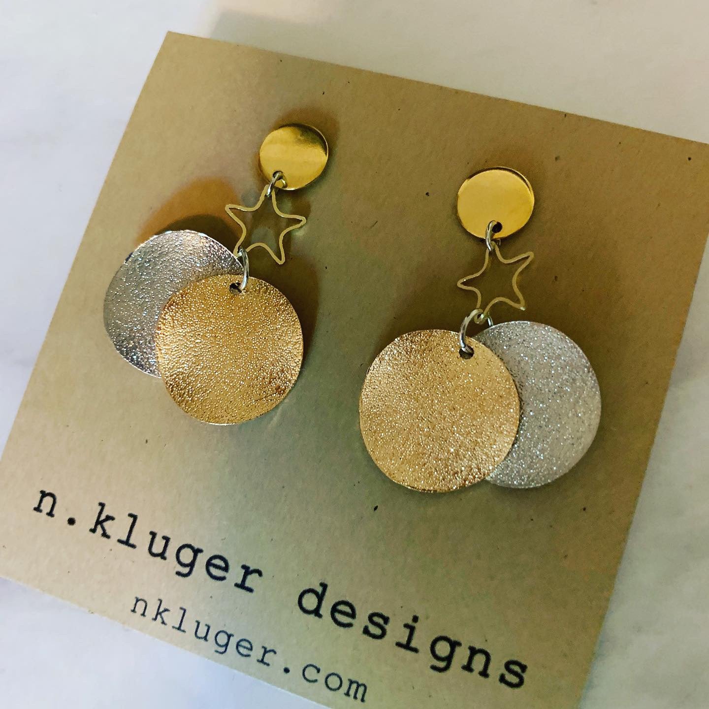 Silver & Gold Glitter Wave Disc & Star Earrings