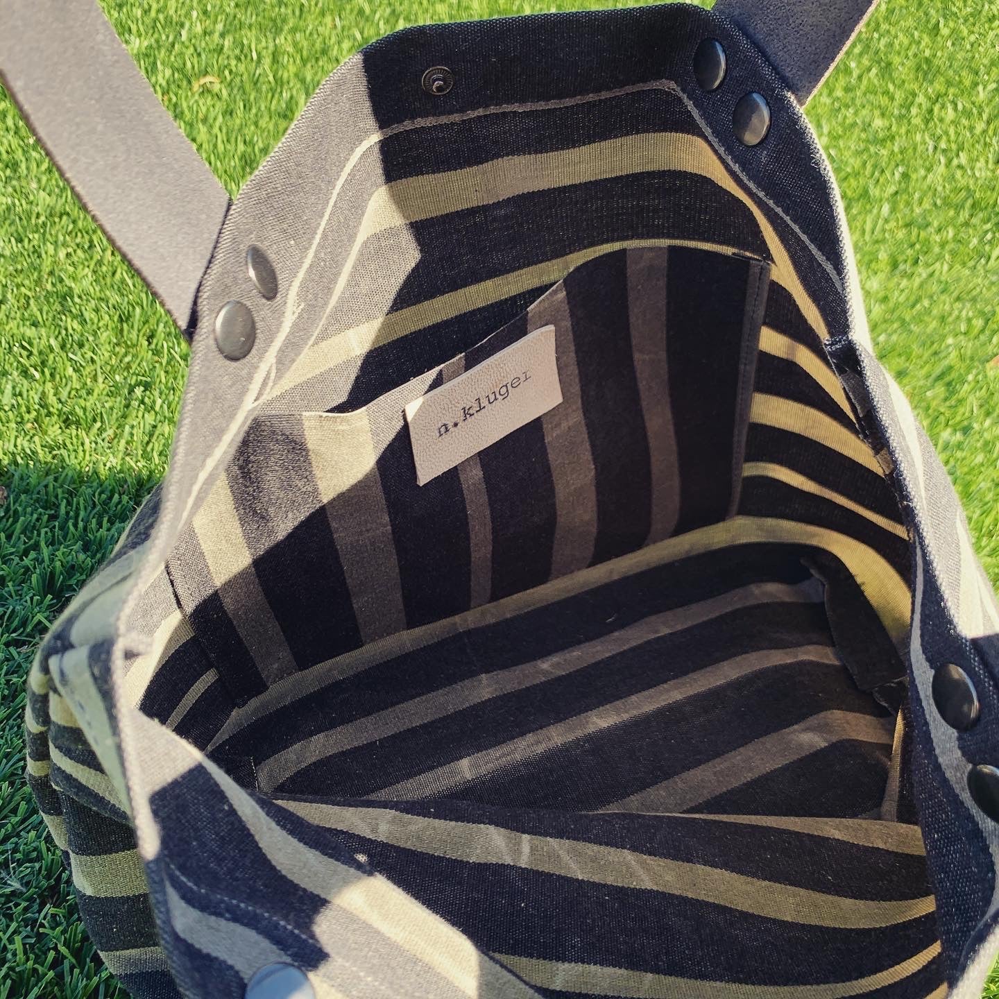 Small Charcoal Striped Waxed Canvas & Leather Tote Bag