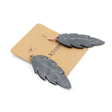 Distressed Grey Leather Feather Drop Earrings