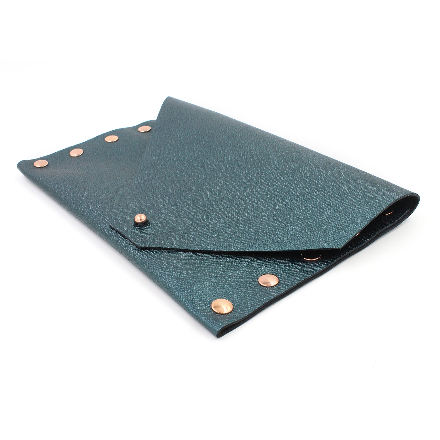 2nd Edition Shimmering Green/Blue Leather Clutch with Rose Gold Rivets