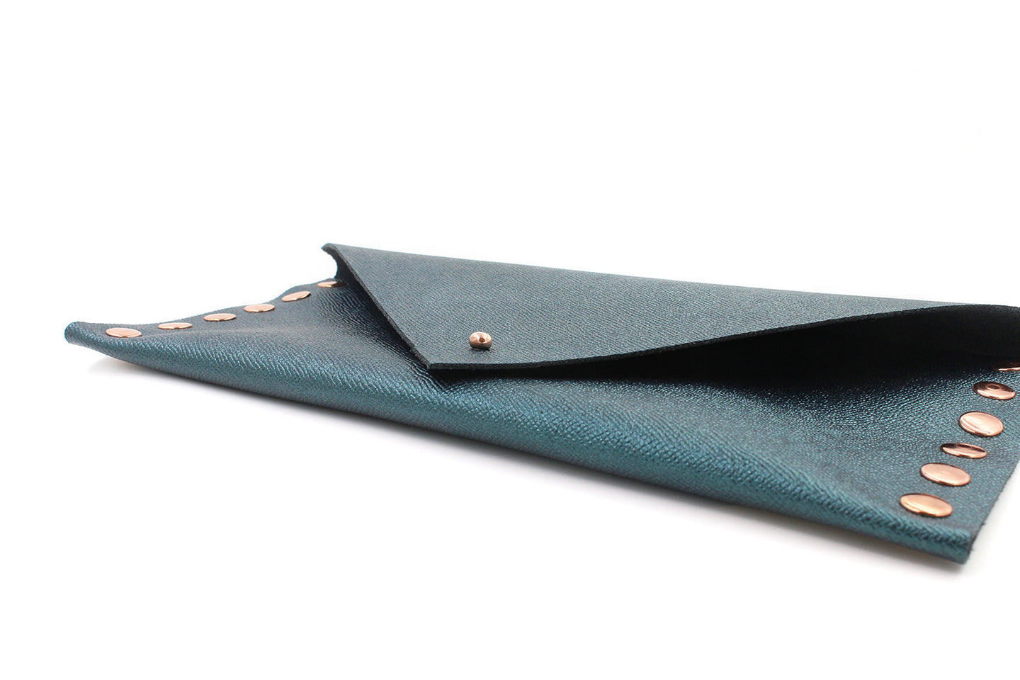 Shimmering Green/Blue Leather Clutch with Rose Gold Rivets - N.Kluger Designs clutch